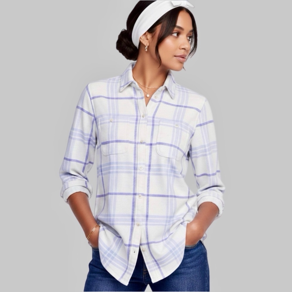 MARKET & SPRUCE EMILIE Knit Button Down Shirt Lt Gray Plaid Shirt Womens P Large